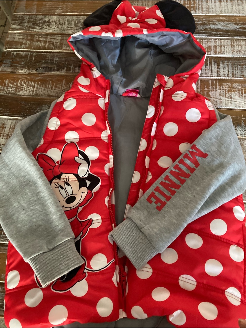 Disney Red and White Minnie Mouse Puffer Jacket with Gray Sleeves